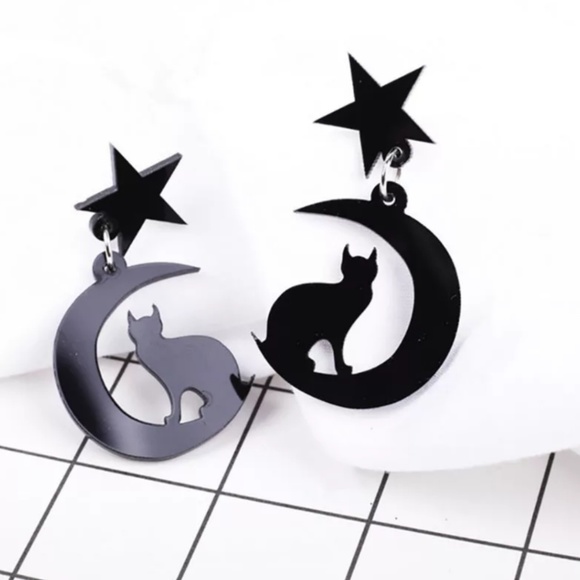 Jewelry - Black Pink Crescent Moon Cat Witchy Earrings